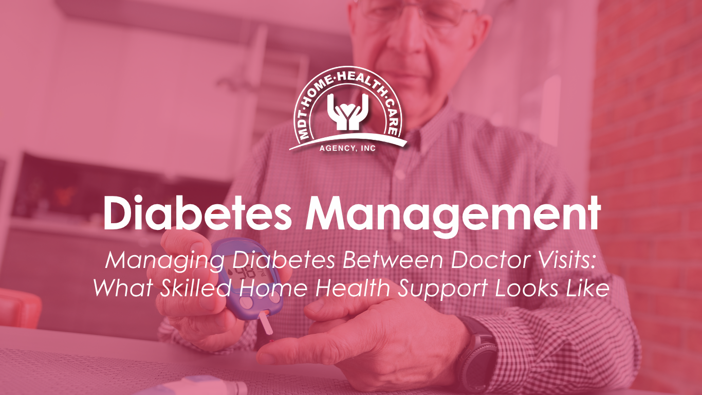 Diabetes management at home Miami — nurse reviewing glucose monitor with patient