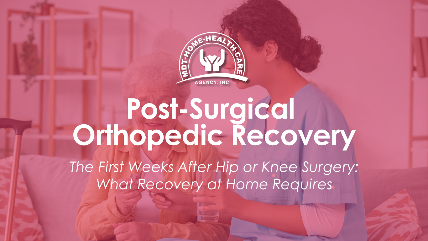 Post-surgical recovery at home Miami — physical therapist assisting patient with walker